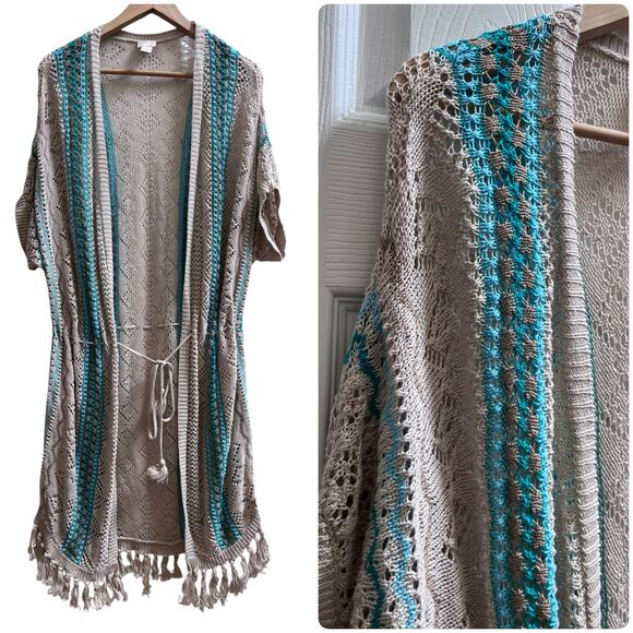 Chico’s Linen Open Crochet Fringe Hem Waist Tie Longline Cardigan Large Boho - Picture 1 of 10